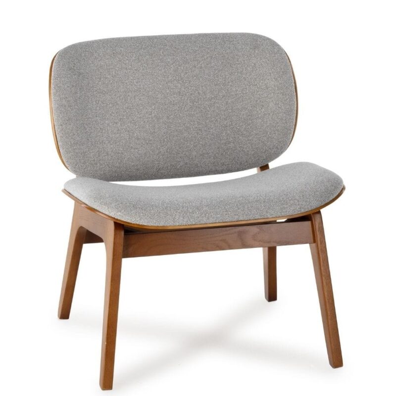 Fauteuil Kuji Gris Bois Athezza — velours gris, piétement chêne massif, design rétro