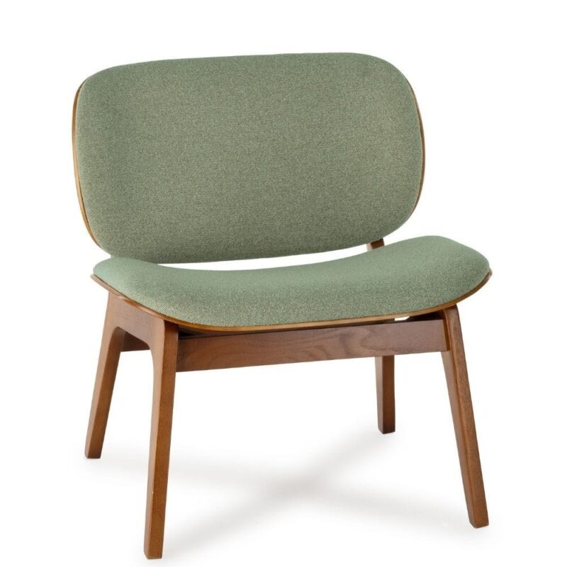 Fauteuil Kuji Vert Bois Athezza — velours vert, piétement chêne massif, rétro naturel