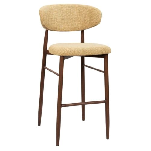 Tabouret bar Georgia moutarde H75 noyer Athezza — tissu polyester chiné, piétement métal noyer
