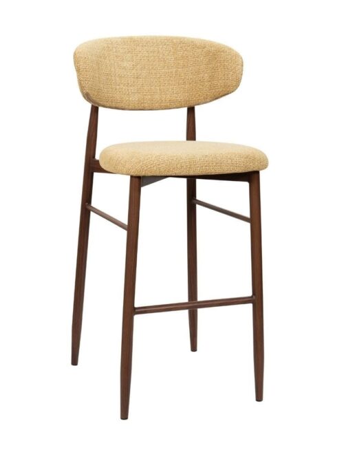 Tabouret bar Georgia moutarde H75 noyer Athezza — tissu polyester chiné, piétement métal noyer
