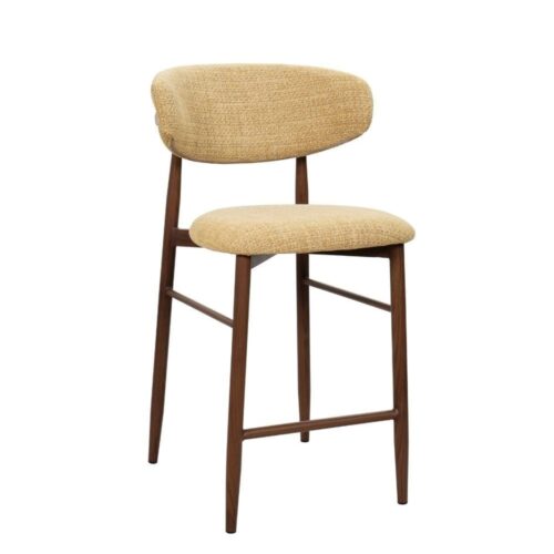 Tabouret bar Georgia moutarde H65 noyer Athezza — tissu polyester chiné, piétement métal noyer
