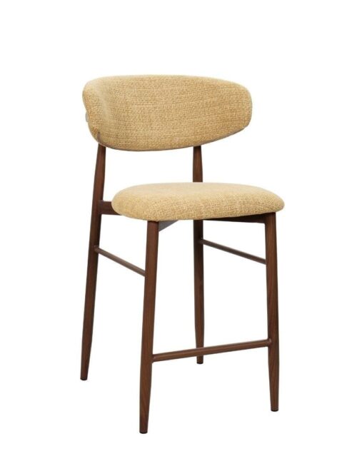 Tabouret bar Georgia moutarde H65 noyer Athezza — tissu polyester chiné, piétement métal noyer