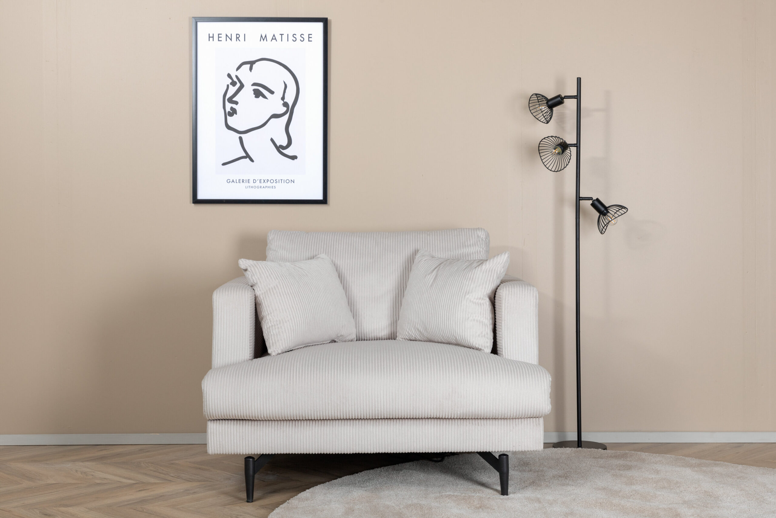 Fauteuil Sofia - Velours côtelé beige et pieds noirs