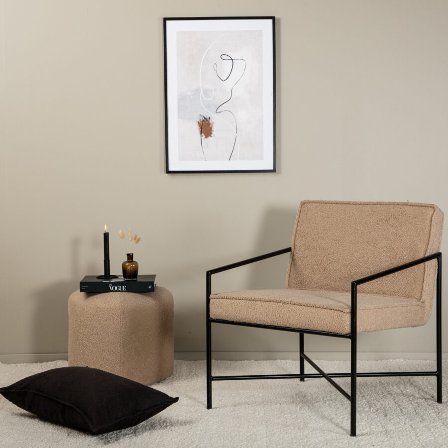 Fauteuil Rakel - Tissu bouclé beige et pieds noirs