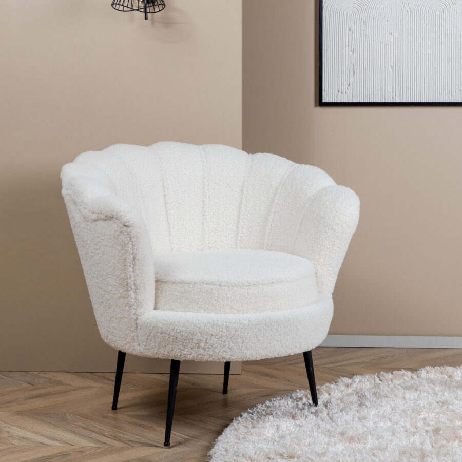 Fauteuil Calais - Tissu bouclé blanc et pieds noirs