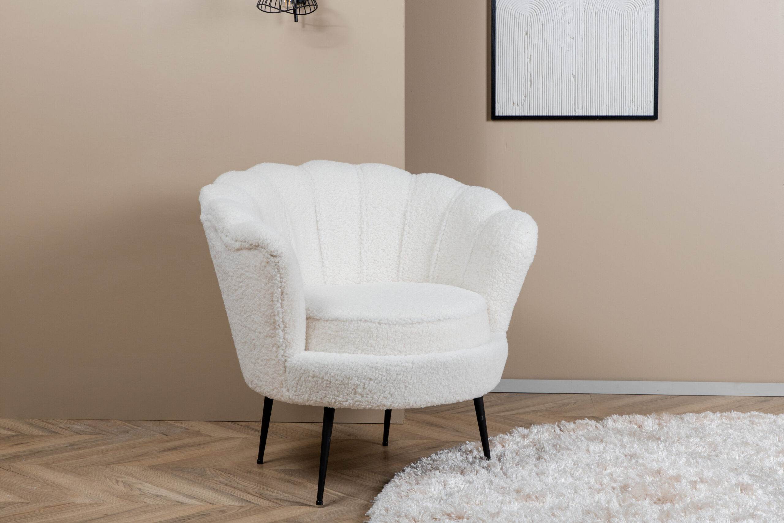 Fauteuil Calais - Tissu bouclé blanc et pieds noirs