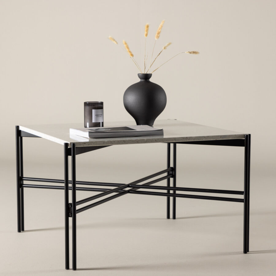 Table basse Razzia - 75x75x48 cm - Aspect Terrazzo blanc / Noir