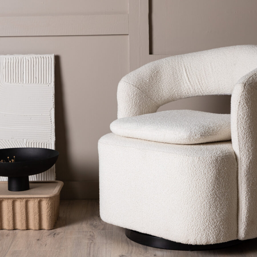 Fauteuil Laurel - Tissu bouclé blanc et pieds noirs