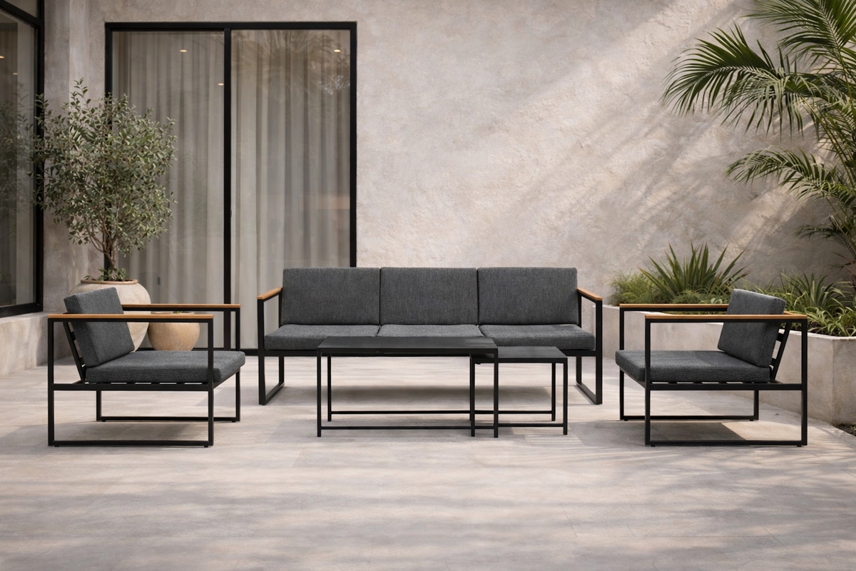 Salon lounge outdoor en acier noir avec coussins Dakar