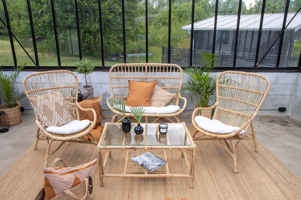 Set de jardin lounge en rotin naturel avec coussins Loungegrupp
