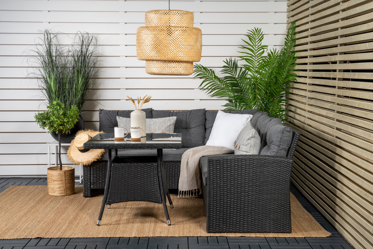 Set de jardin lounge en osier noir avec coussins Salon de Jardin d'Angle