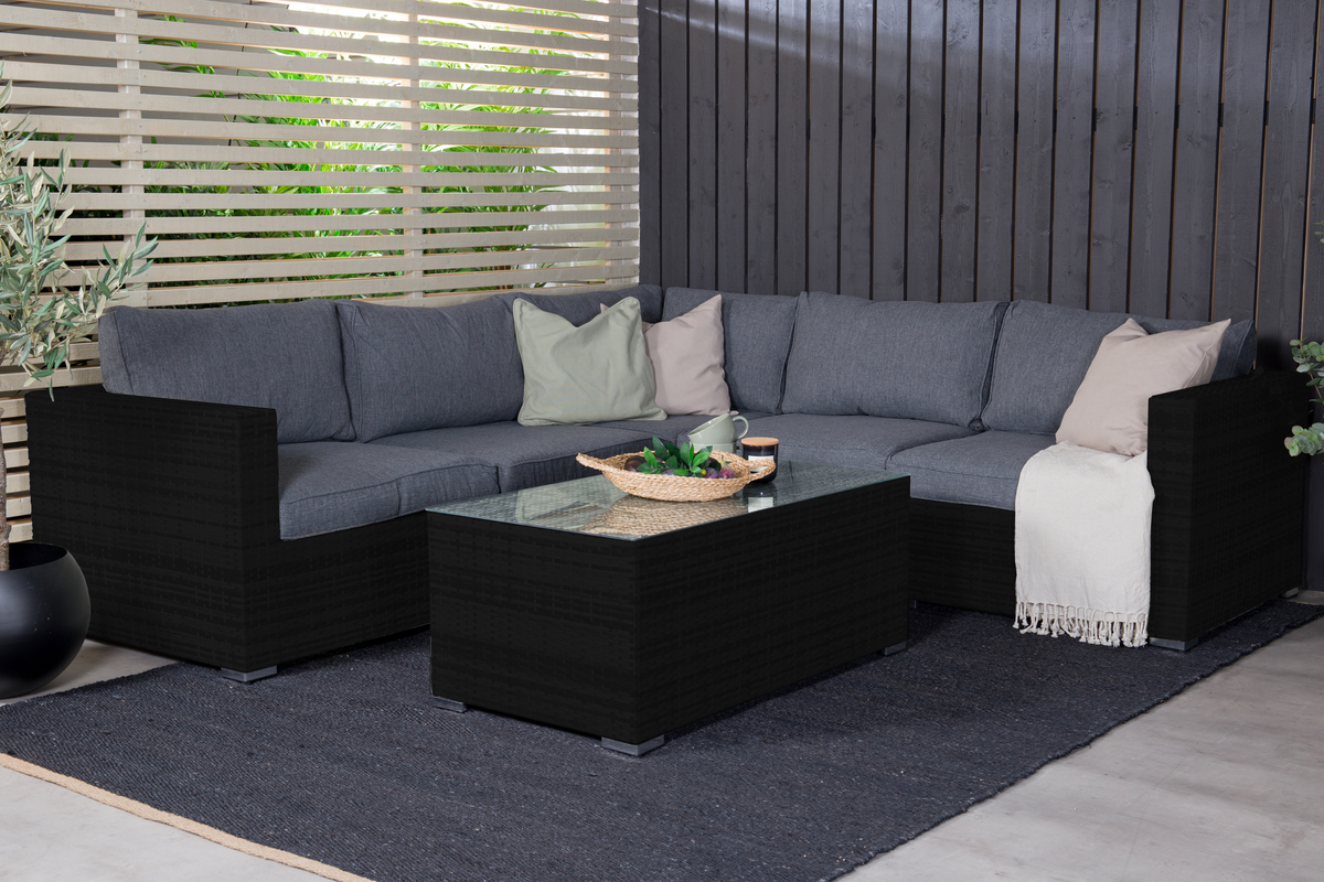 Mobilier lounge de jardin en osier noir avec coussins Salon de Jardin d'Angle