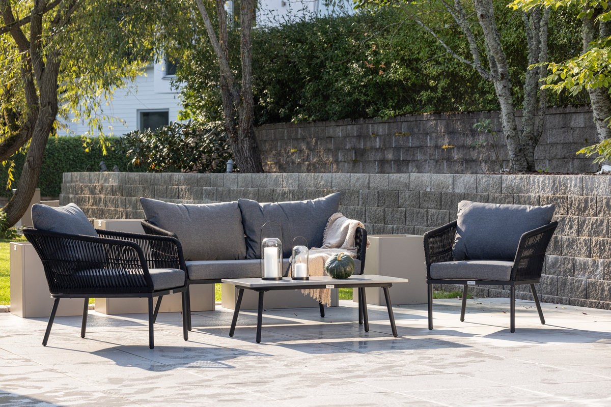 Set de jardin lounge en polyester rope noir avec coussins Salon de Jardin