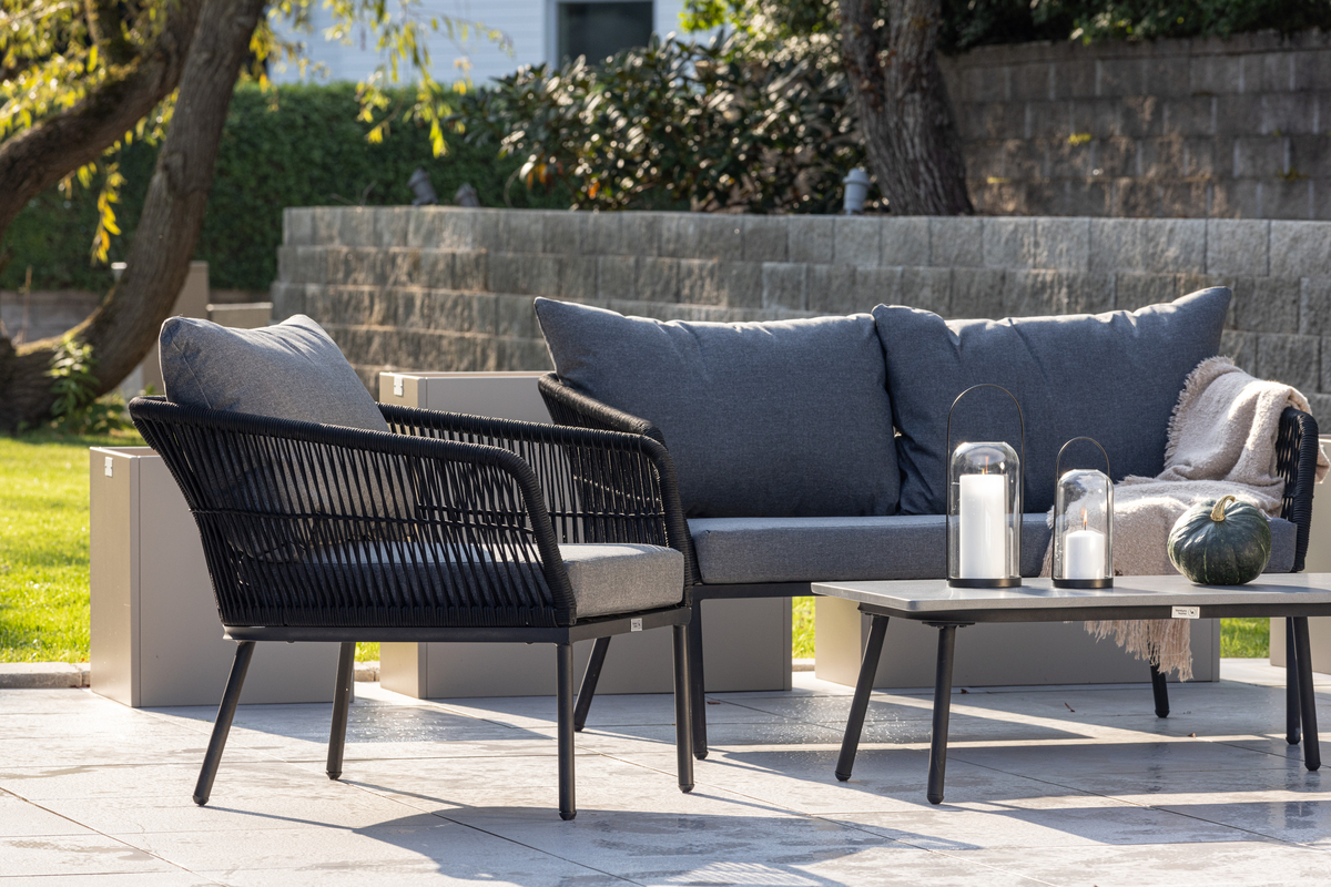 Set de jardin lounge en polyester rope noir avec coussins Salon de Jardin – Image 2