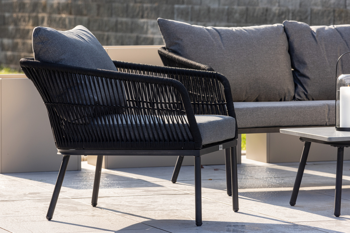 Set de jardin lounge en polyester rope noir avec coussins Salon de Jardin – Image 3