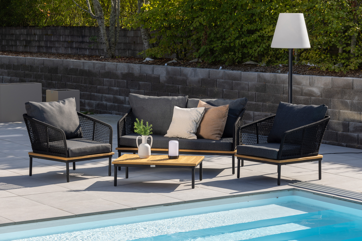 Salon lounge outdoor en polyester rope noir avec coussins Salon de Jardin