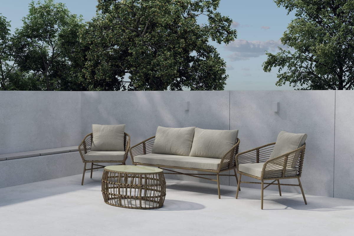 Salon lounge outdoor en osier marron avec coussins Salon de Jardin