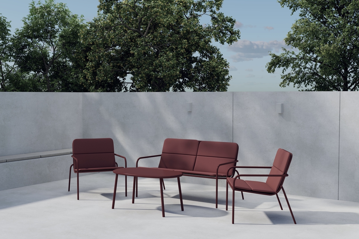 Mobilier lounge de jardin en acier burgundy avec coussins Fourni
