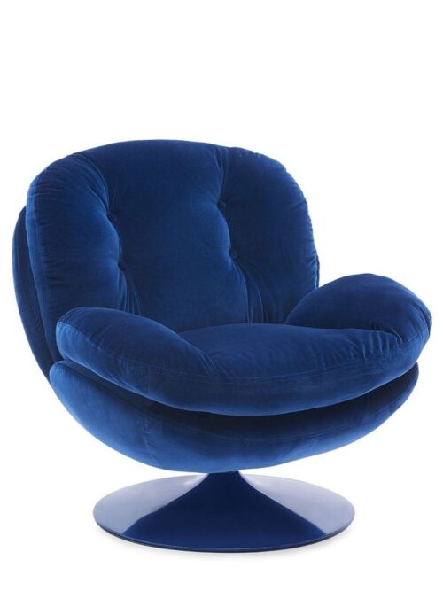 Fauteuil Memento POP Bleu Athezza — velours coton bleu, pied métal laqué bleu