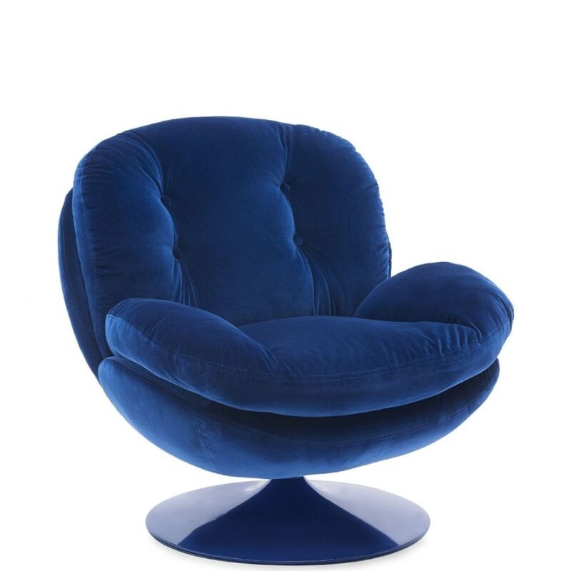 Fauteuil Memento POP Bleu Athezza — velours coton bleu, pied métal laqué bleu