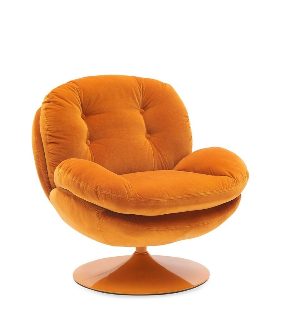 Fauteuil Memento POP orange Athezza — velours coton orange, pied métal laqué