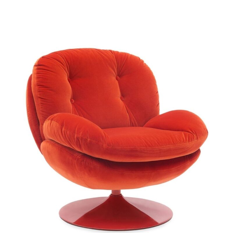 Fauteuil Memento POP rouge Athezza — velours coton rouge, pied métal laqué