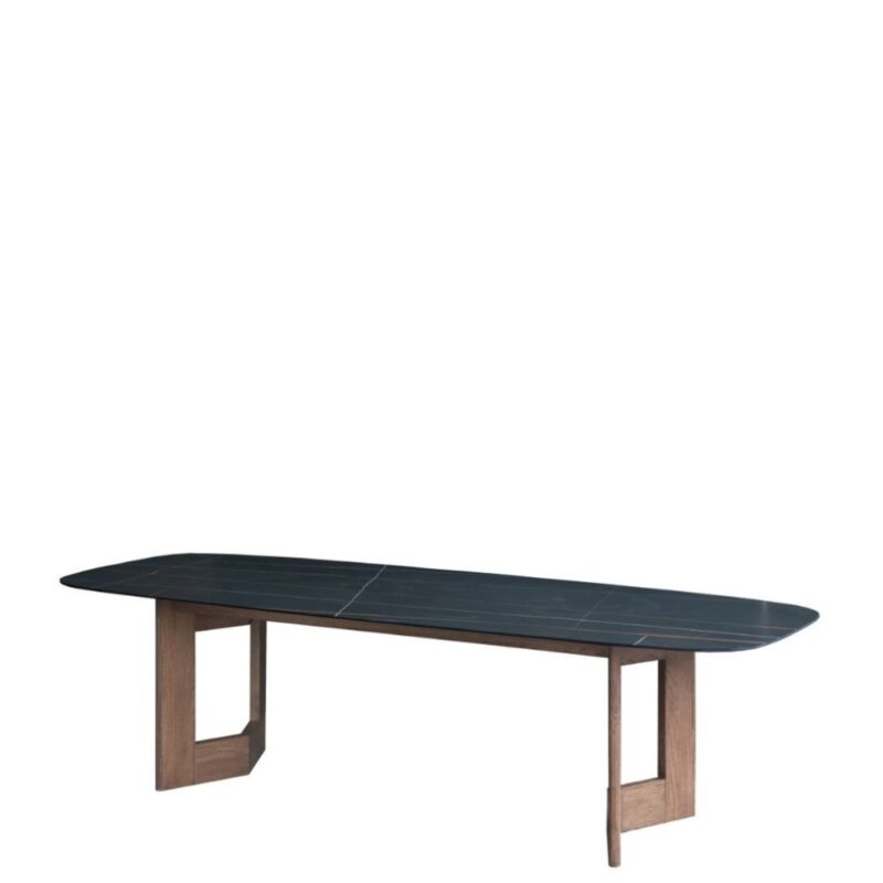 Table salle à manger chêne noir 268cm Athezza — plateau pierre frittée, collection Manre