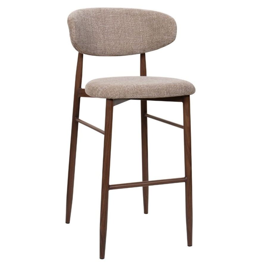 Tabouret Georgia taupe H75 noyer Athezza — tissu polyester chiné gris-brun, piétement métal noyer