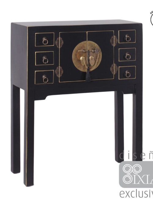Console Laqué Noir 2 Portes 6 Tiroirs Ixia 63cm