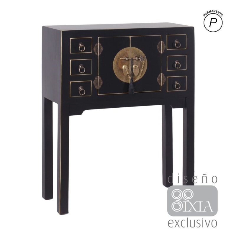 Console Laqué Noir 2 Portes 6 Tiroirs Ixia 63cm