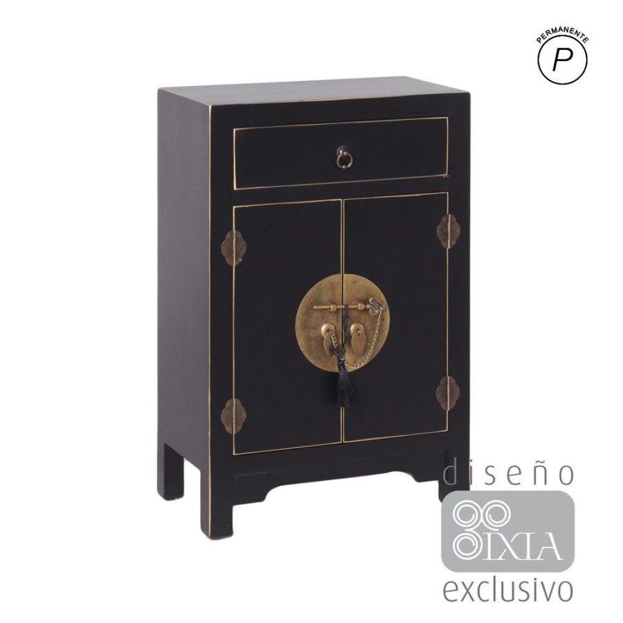 Meuble D&rsquo;appoint Laqué Noir Liserets Dorés Ixia 45cm