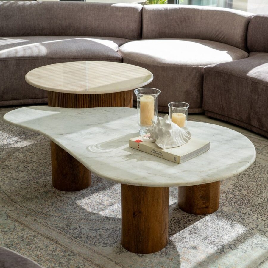 Table Basse Blanc-Naturel Marbre/Bois Ixia