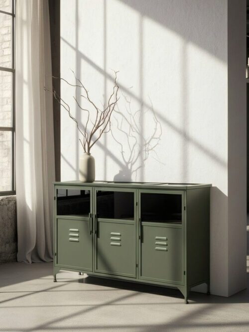 Buffet Bas Métal Vert Sauge Portes Vitrées Ixia 120cm