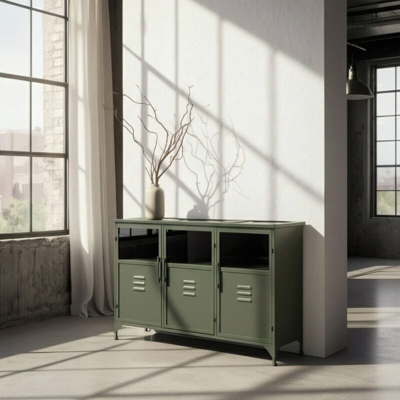 Buffet Bas Métal Vert Sauge Portes Vitrées Ixia 120cm
