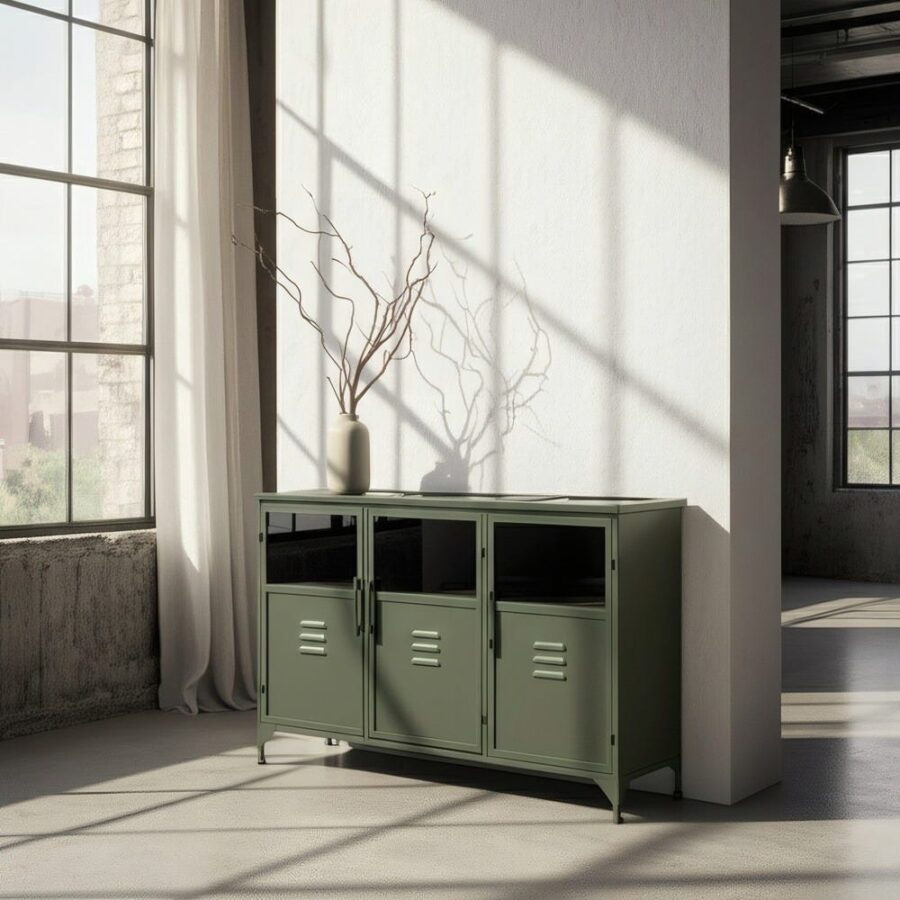 Buffet Bas Métal Vert Sauge Portes Vitrées Ixia 120cm