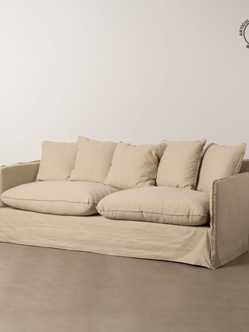 Canapé 3 Places Beige Tissu-Bois Ixia 216 cm