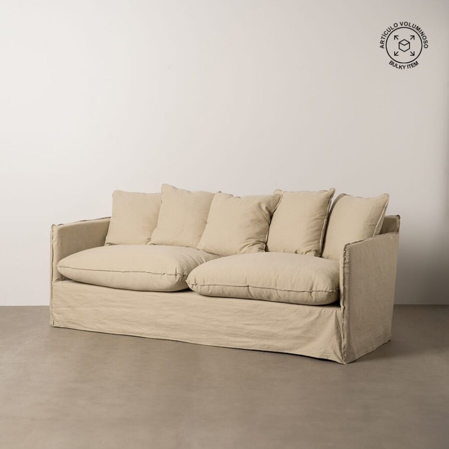 Canapé 3 Places Beige Tissu-Bois Ixia 216 cm