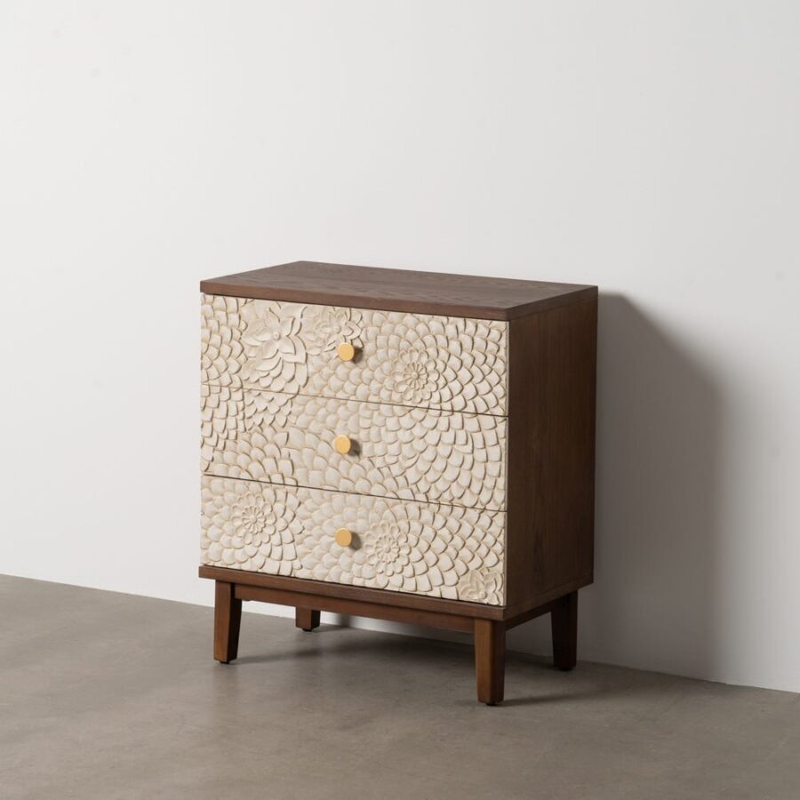Commode Pin Massif Blanc Brun Relief Floral Ixia 64cm