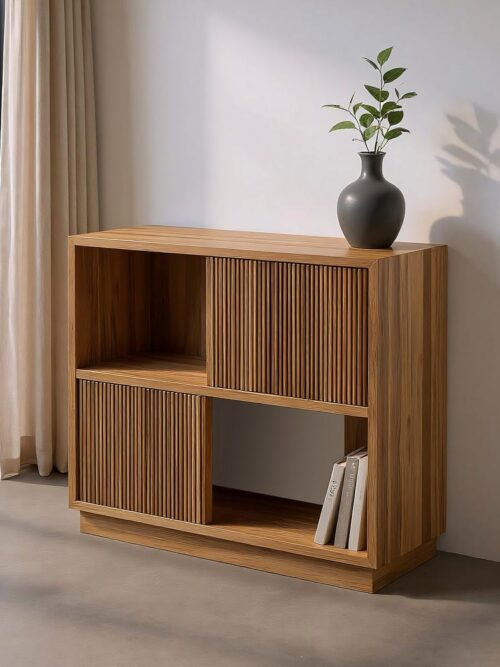 Buffet Teck Recyclé Portes Coulissantes Lattes Ixia 100cm