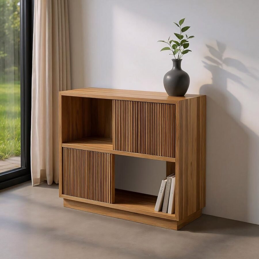 Buffet Teck Recyclé Portes Coulissantes Lattes Ixia 100cm