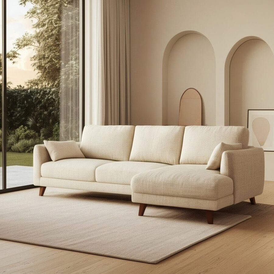 Chaise Longue Canapé Beige Tissu-Bois Ixia