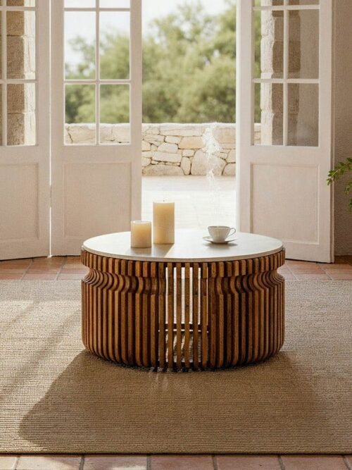 Table Basse Manguier Bois-marbre Cannelées Ixia 80cm