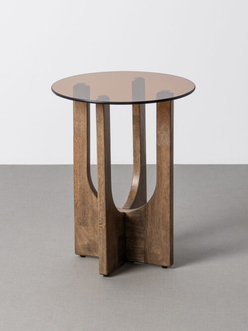 Table D'Appoint Hévéa Massif Cristal Trempé Ambré Ixia 40cm