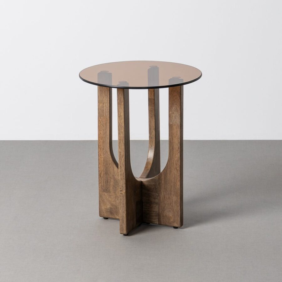 Table D'Appoint Hévéa Massif Cristal Trempé Ambré Ixia 40cm