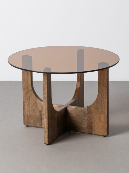 Table Basse Hévéa Massif Verre Ambré Ixia 60cm