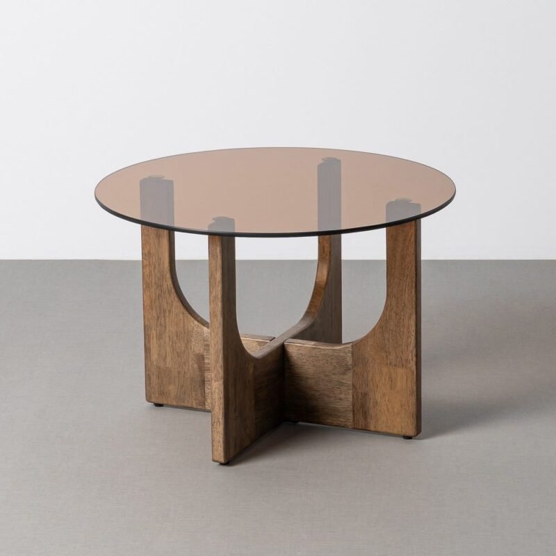 Table Basse Hévéa Massif Verre Ambré Ixia 60cm