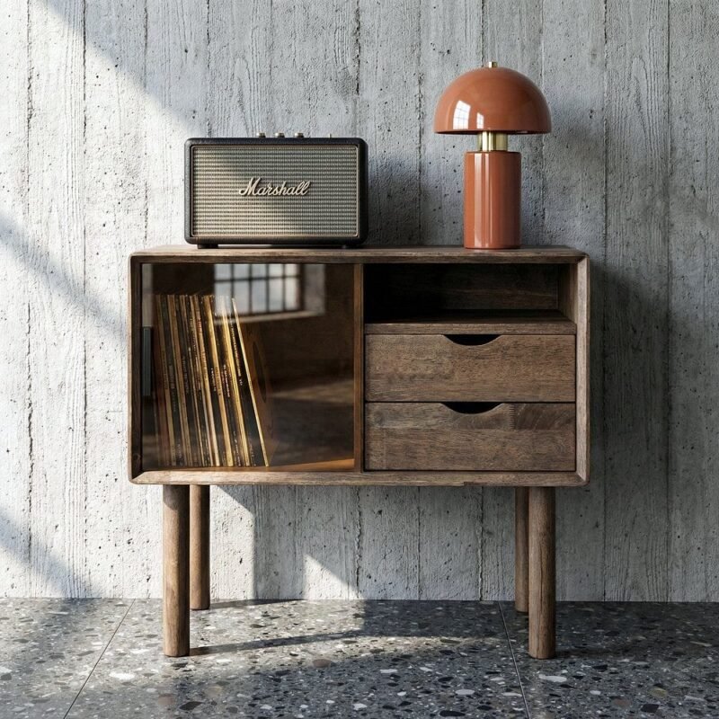 Commode D'appoint Hévéa Massif Verre Fumé Ixia 80cm