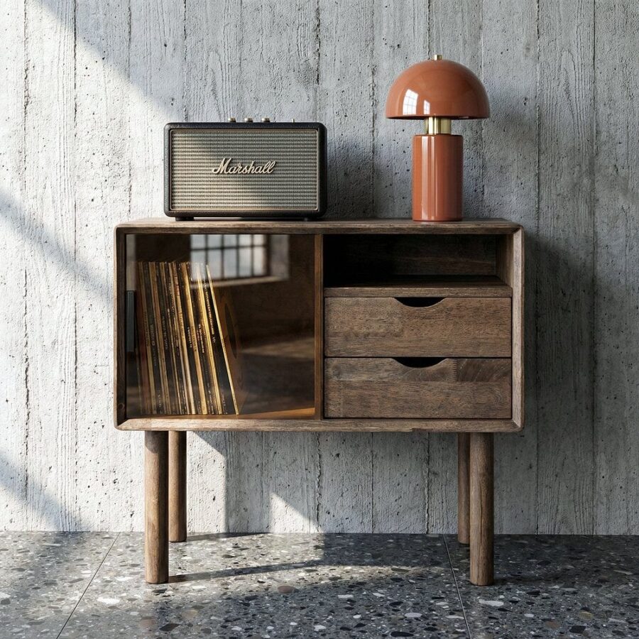 Commode D'appoint Hévéa Massif Verre Fumé Ixia 80cm