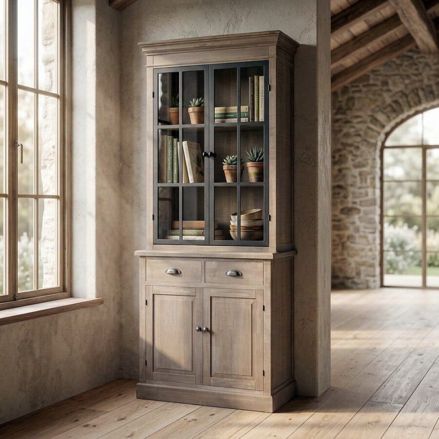 Vitrine Bois de Pin Naturel et Noir Cottage 198cm