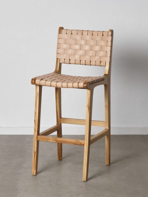 Tabouret De Bar Beige Cuir Et Teck Massif Ixia 95cm